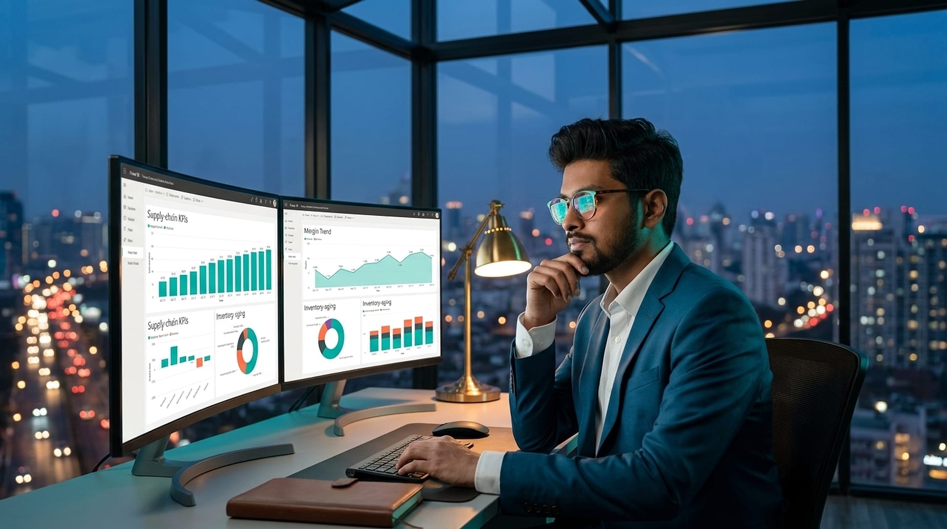 Syed Nabil Kabir analysing supply-chain dashboards at night