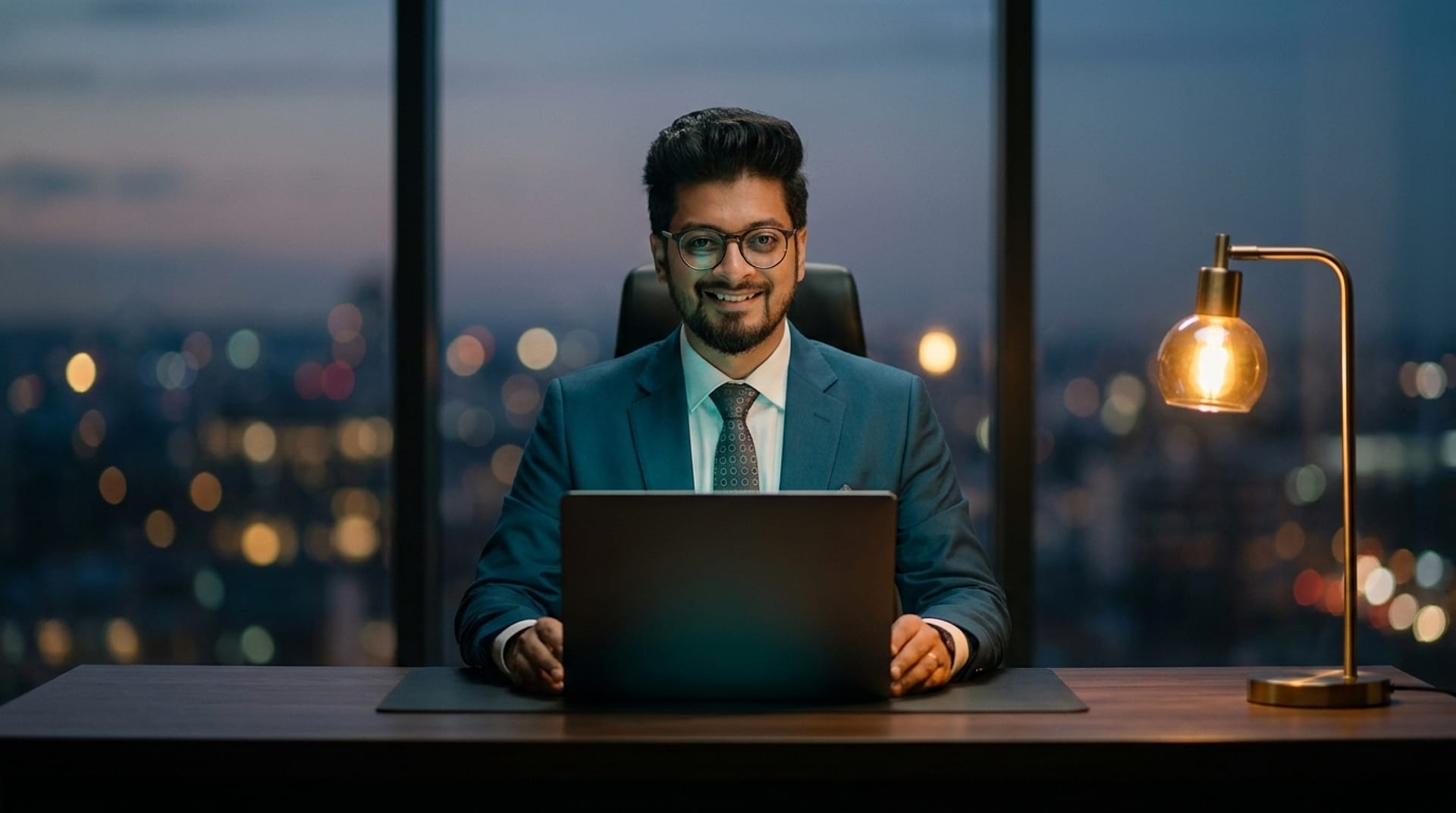 Syed Nabil Kabir at his desk at dusk, about to turn his laptop toward you